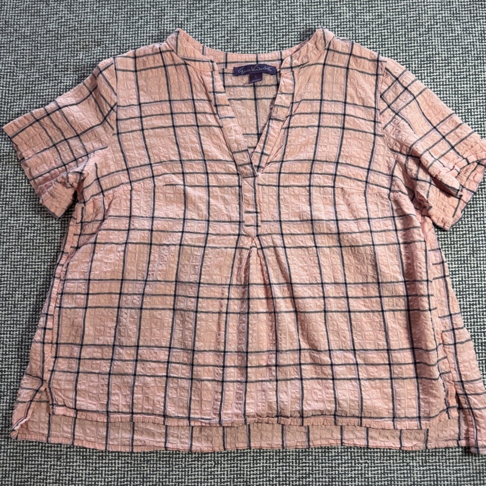 Gloria Vanderbilt Pink Grid Check Seersucker V-Neck Babydoll Blouse Large